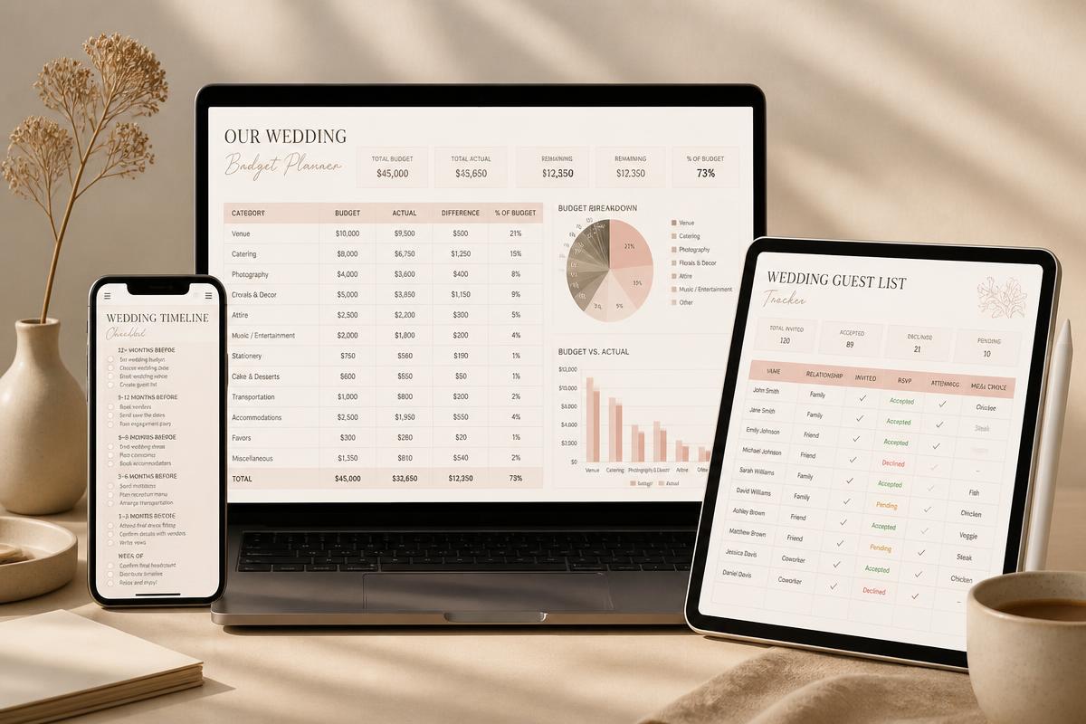 Mockup van de Verloofd toolkit op laptop, tablet en telefoon met budgetplanner, gastenlijst en timeline